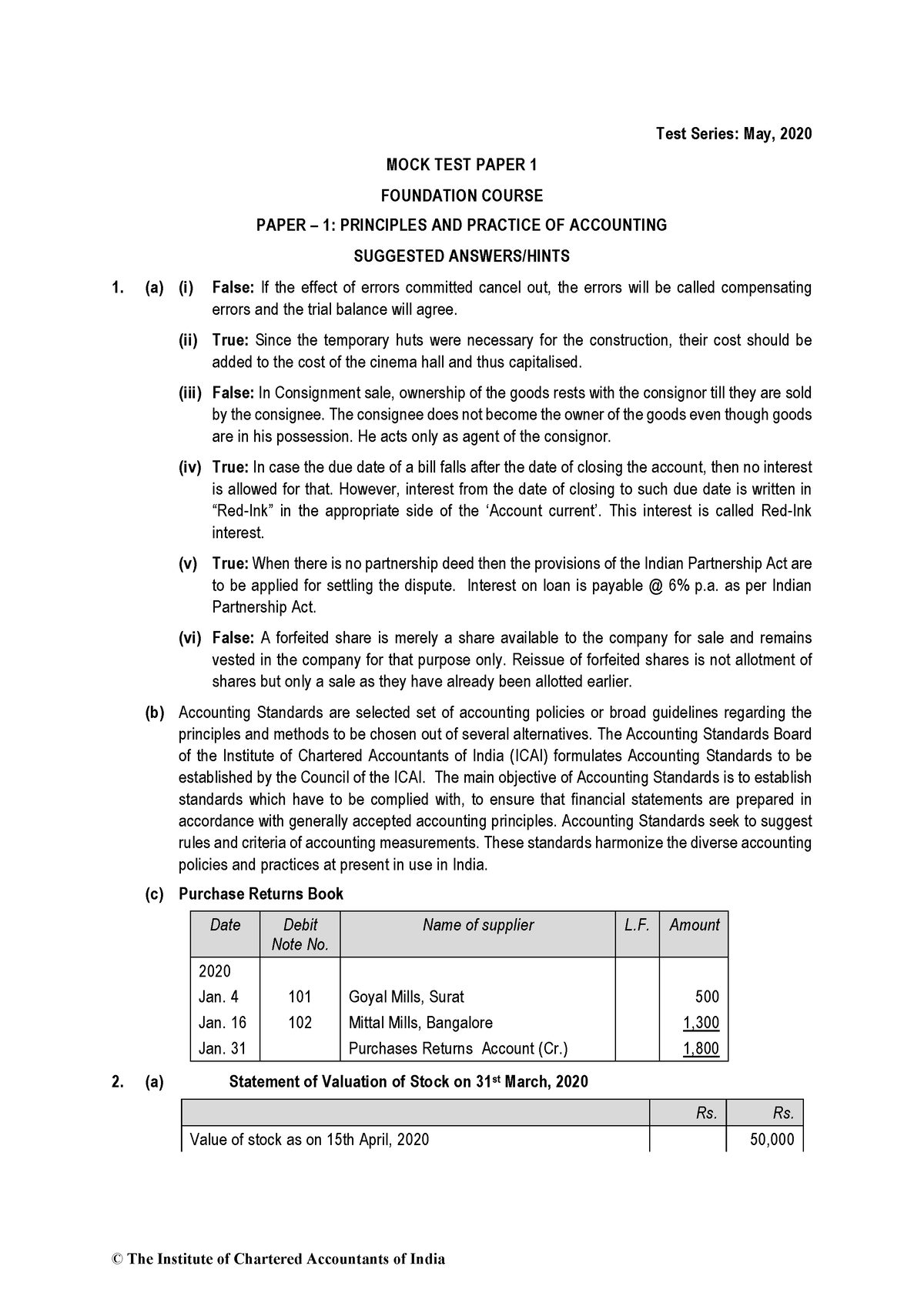 CA Foundation MTP 2020 Paper 1 Ans - Test Series: May, 2020 MOCK TEST ...