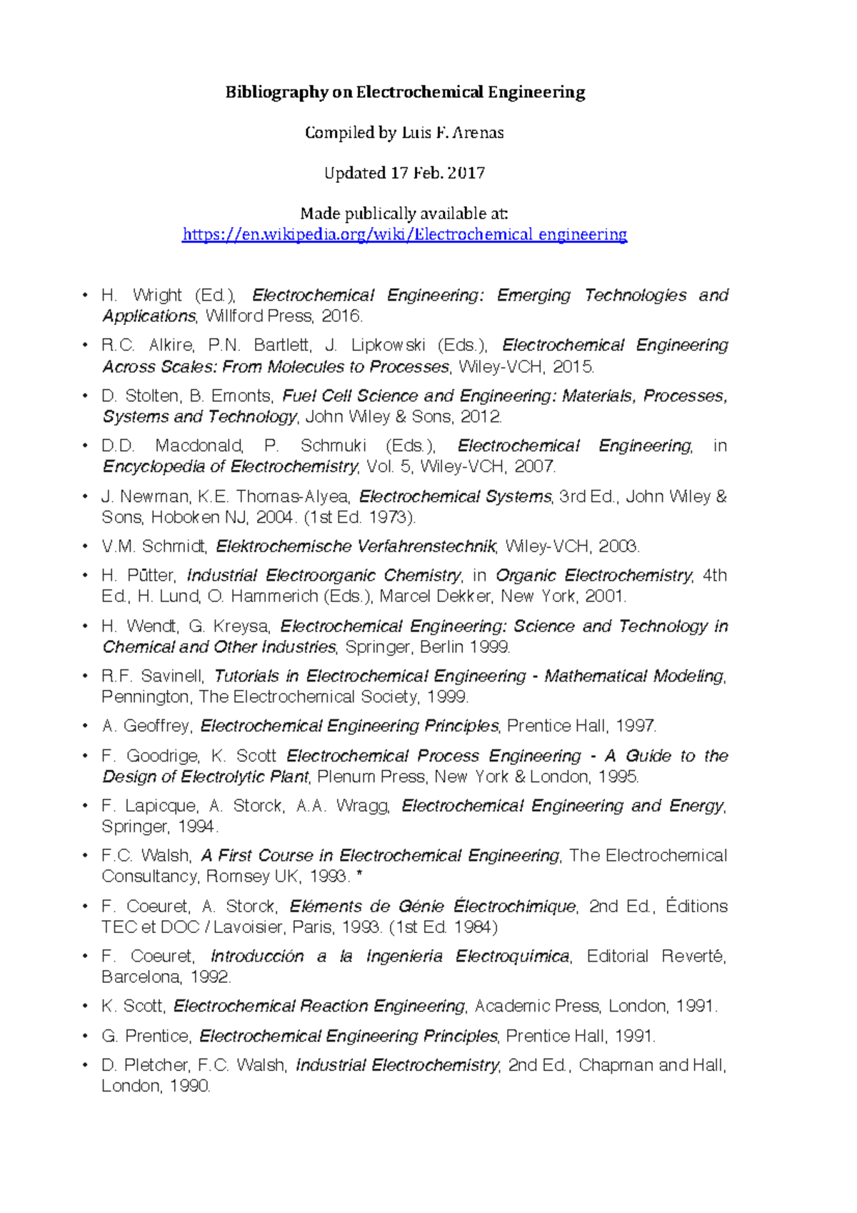 2017 Bibliography on Electrochemical Engineering ELE2001