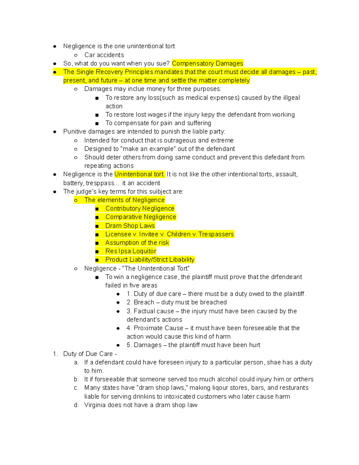 Oct 3 - October 3 study notes - ○ Negligence is the one unintentional tort  ○ Car accidents ○ So, - StuDocu