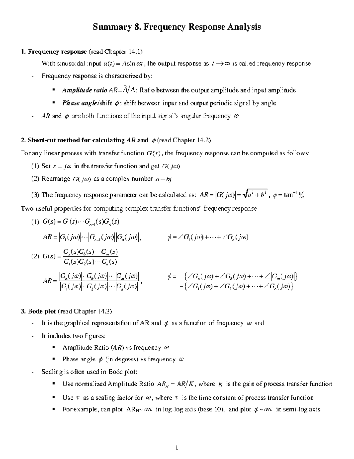 M8a summary - Summary 8. Frequency Response Analysis 1. Frequency ...