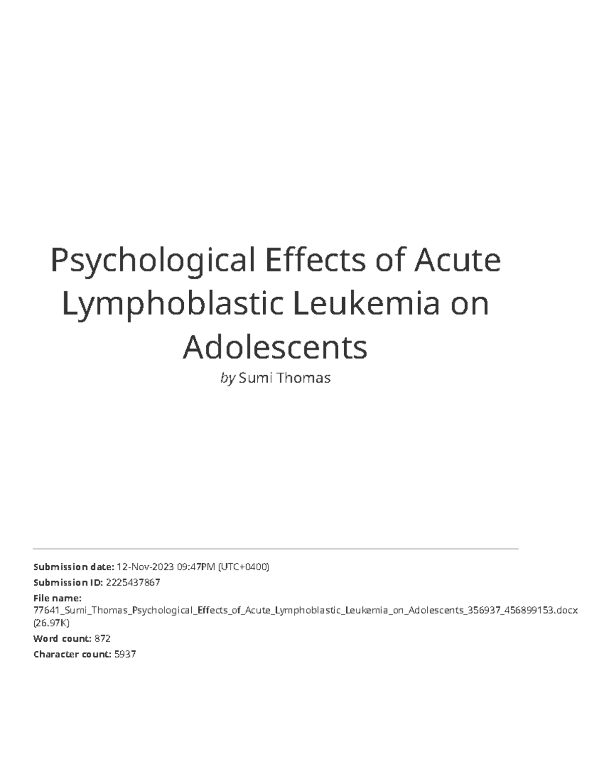 Psychological Effects of Acute Lymphoblastic Leukemia on Adolescents ...