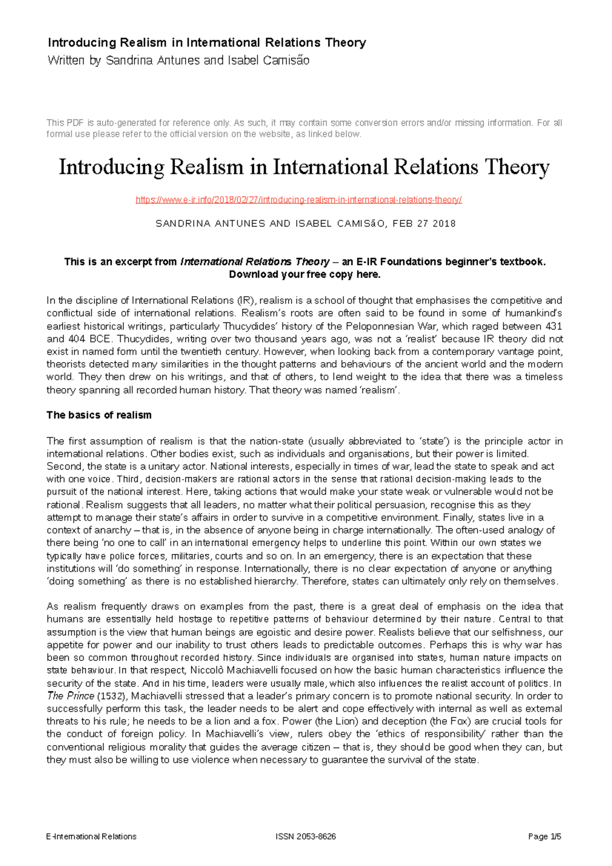 Introducing Realism in International Relations Theory - As such, it may ...