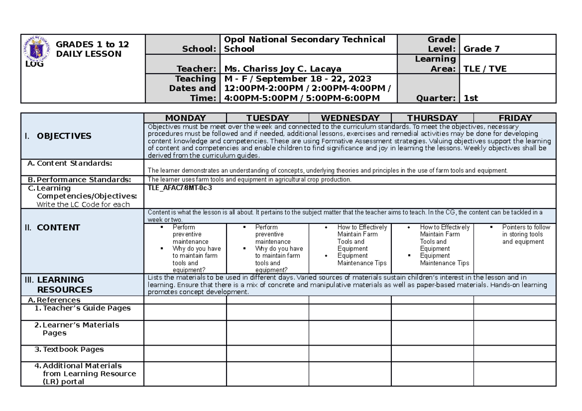 DLL AGRI September 18-22 - GRADES 1 to 12 DAILY LESSON LOG School: Opol ...