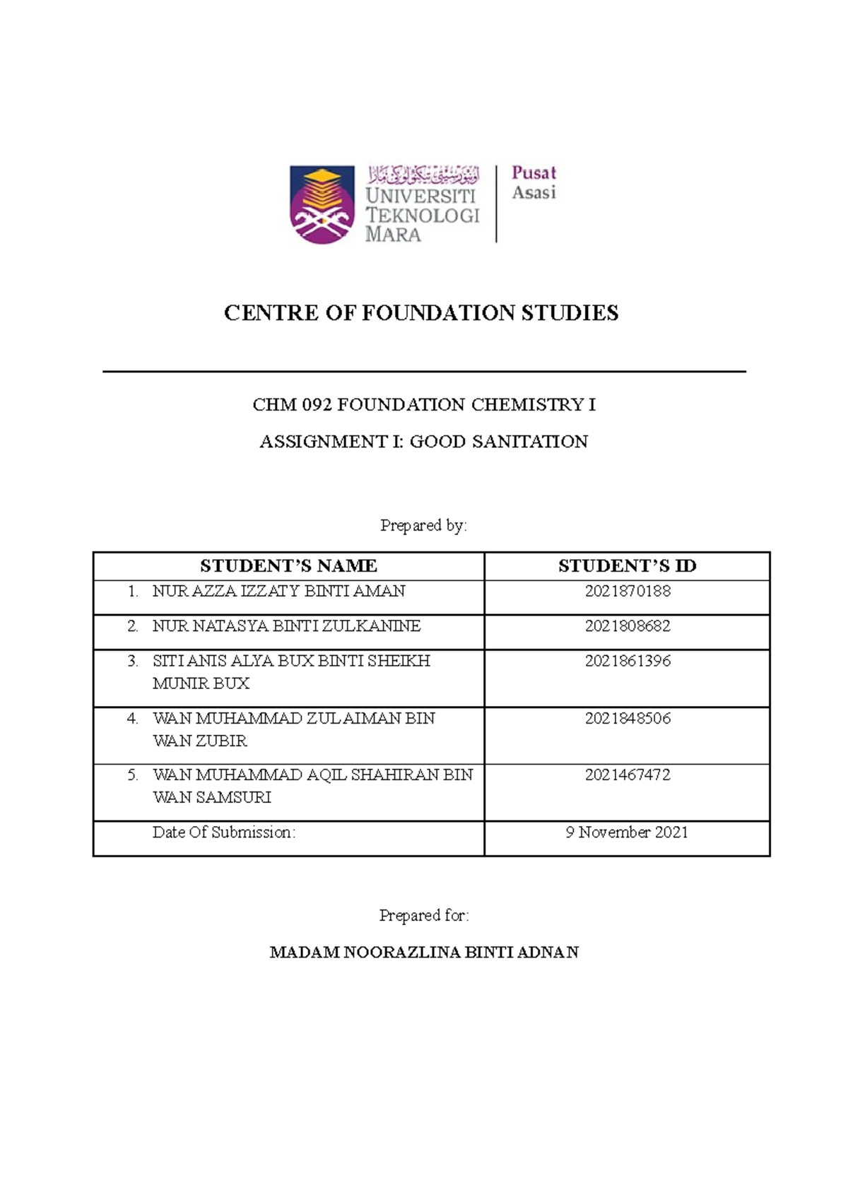 CHM092 Group 5 Assignment Good Sanitation - CENTRE OF FOUNDATION ...