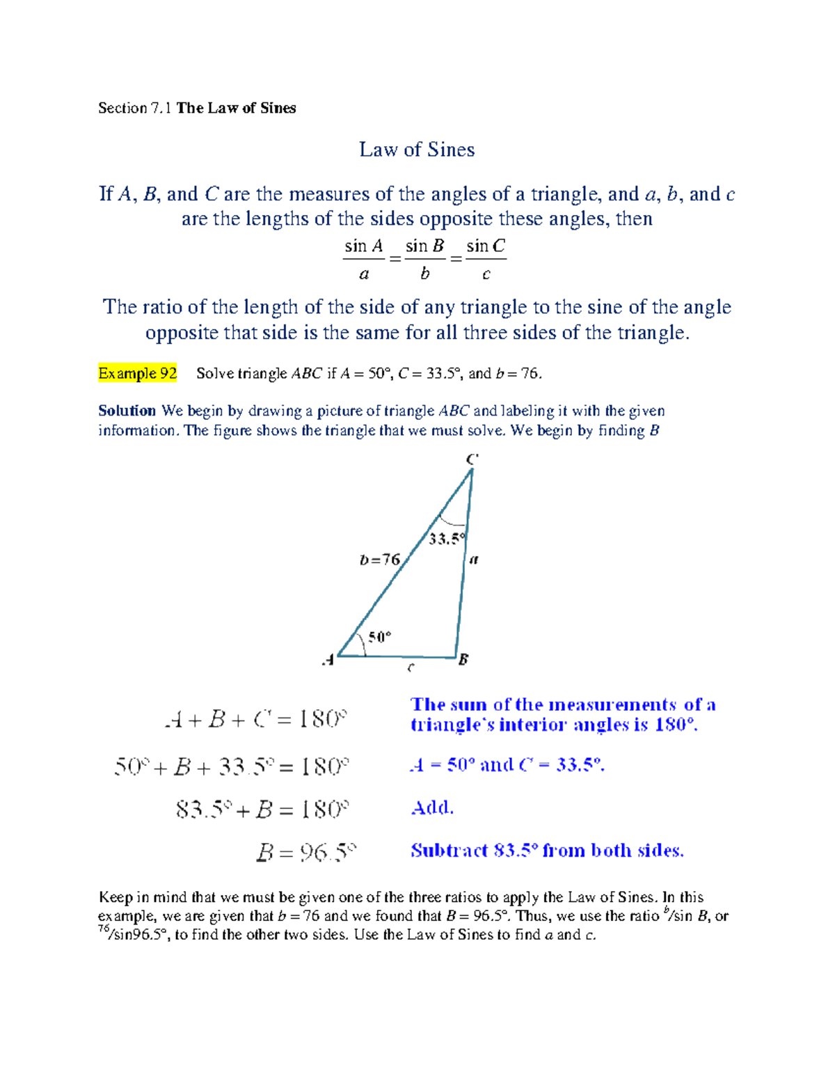 Trigonometry Lecture Notes part3 - Section 7 The Law of Sines Law of ...