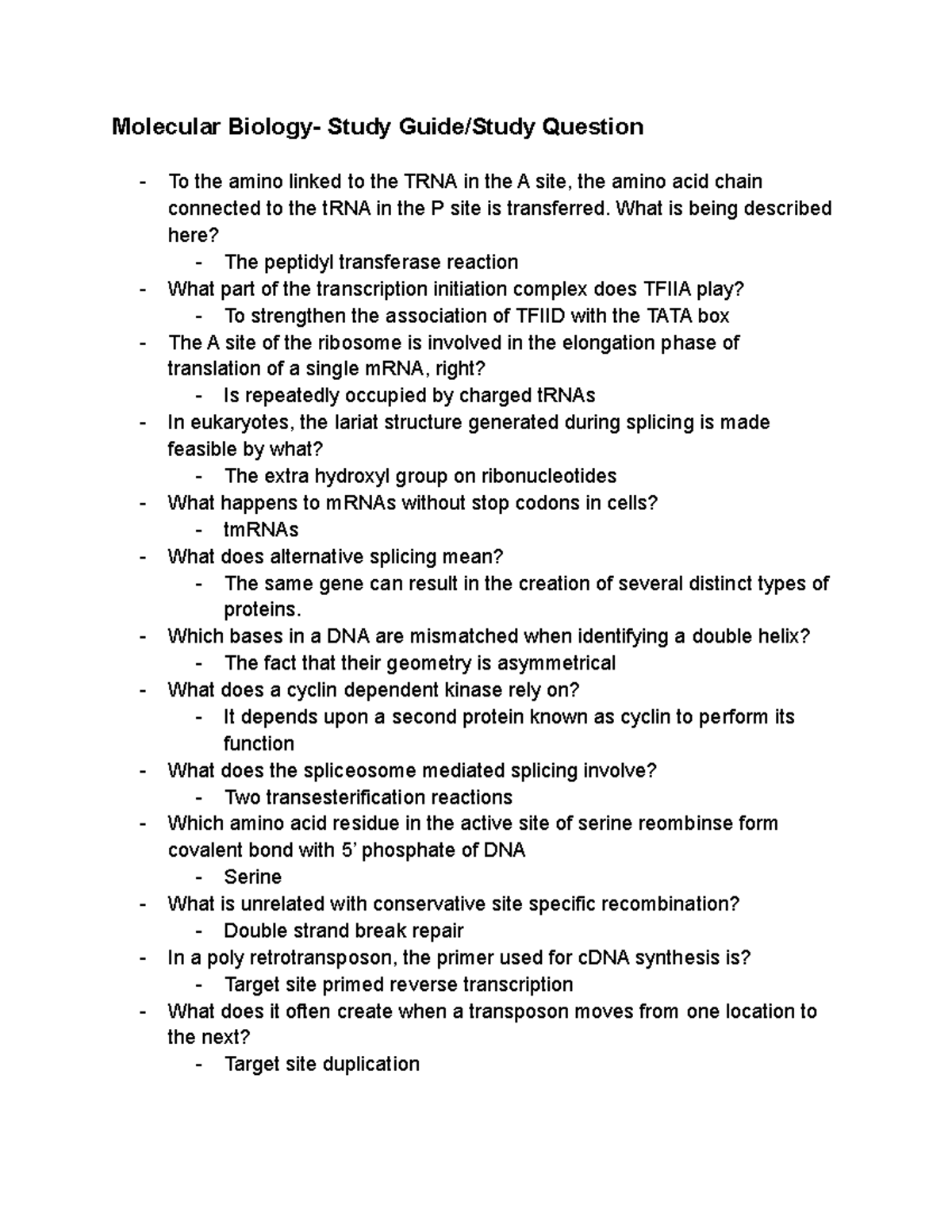 Molecular Biology Study Guide Study Question Molecular Biology