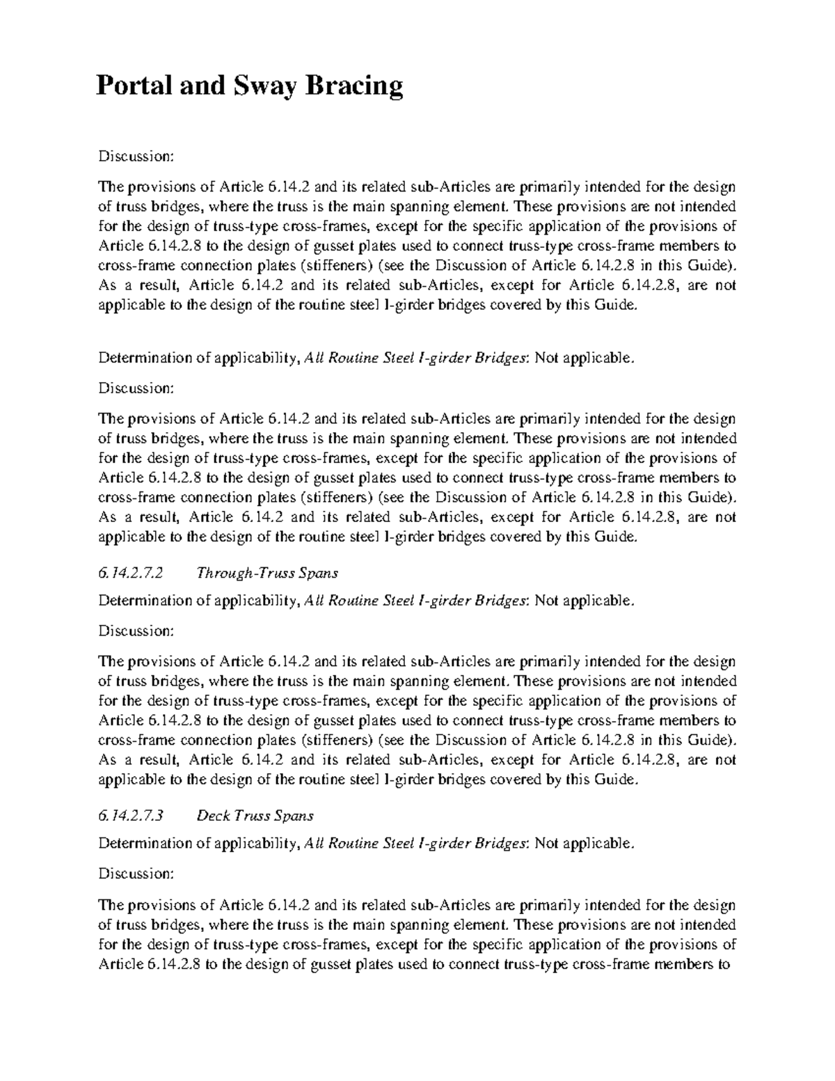 Portal and Sway Bracing - Discussion: The provisions of Article 6.14 ...