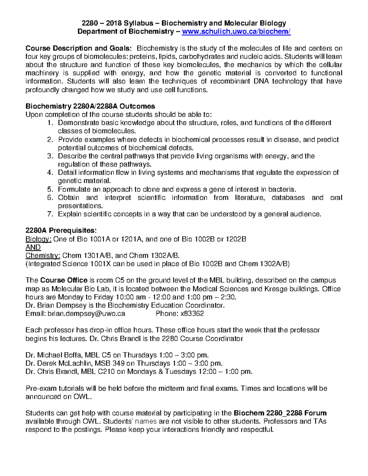 Syllabus 2280 2018 Rev 2280 2018 Syllabus Biochemistry And Molecular 