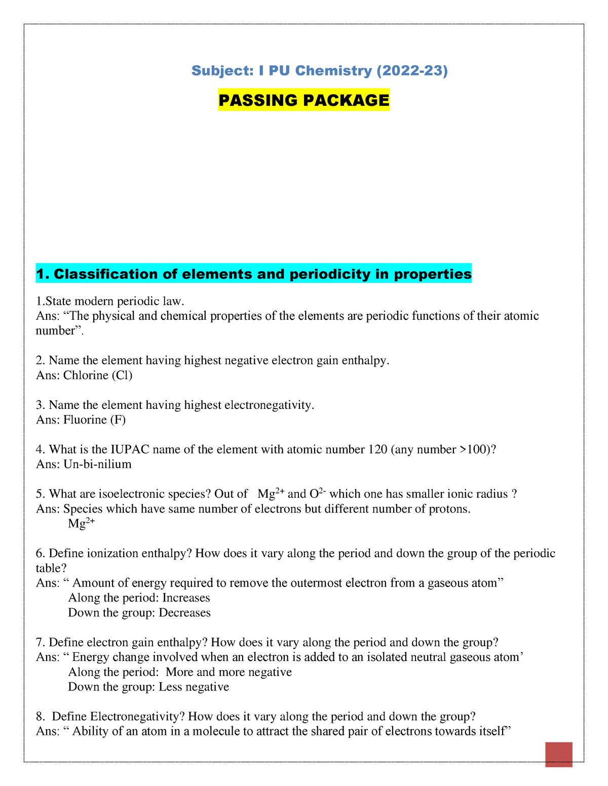 First Yr Passing Package - Subject: I PU Chemistry (2022-23) PASSING  PACKAGE 1. Classification of - Studocu