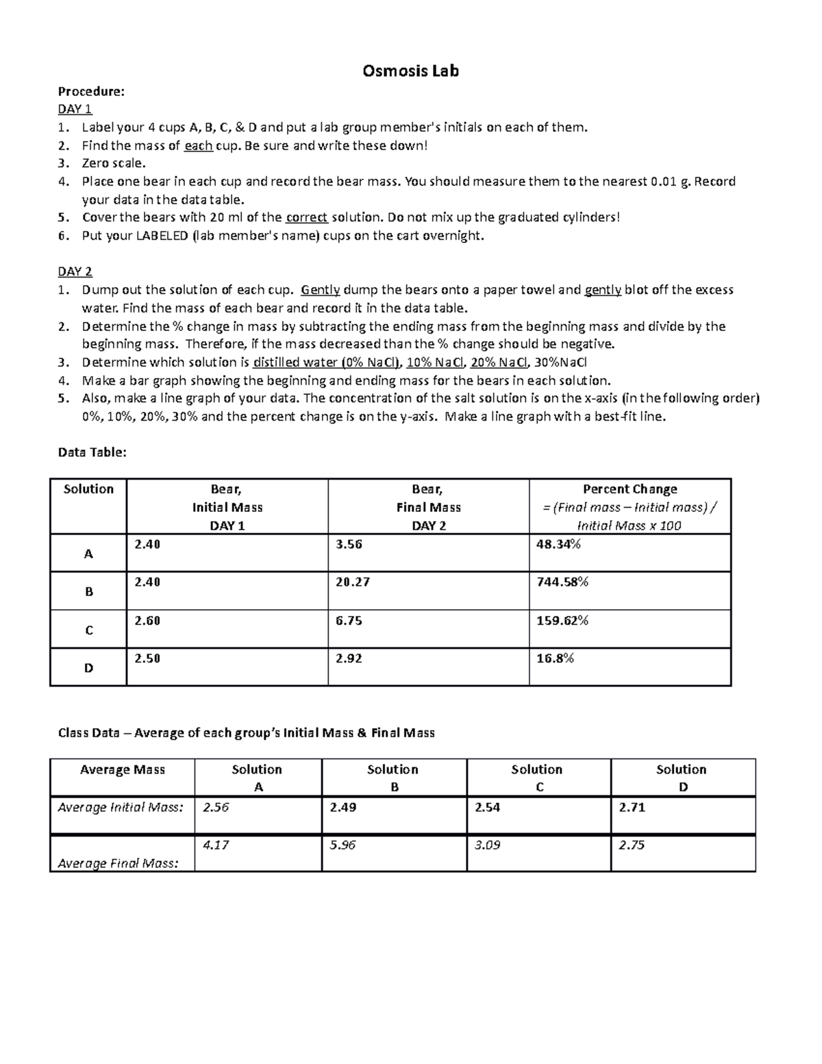 Gummy Bear Lab - Osmosis Lab Procedure: DAY 1 Label your 4 cups A, B, C ...