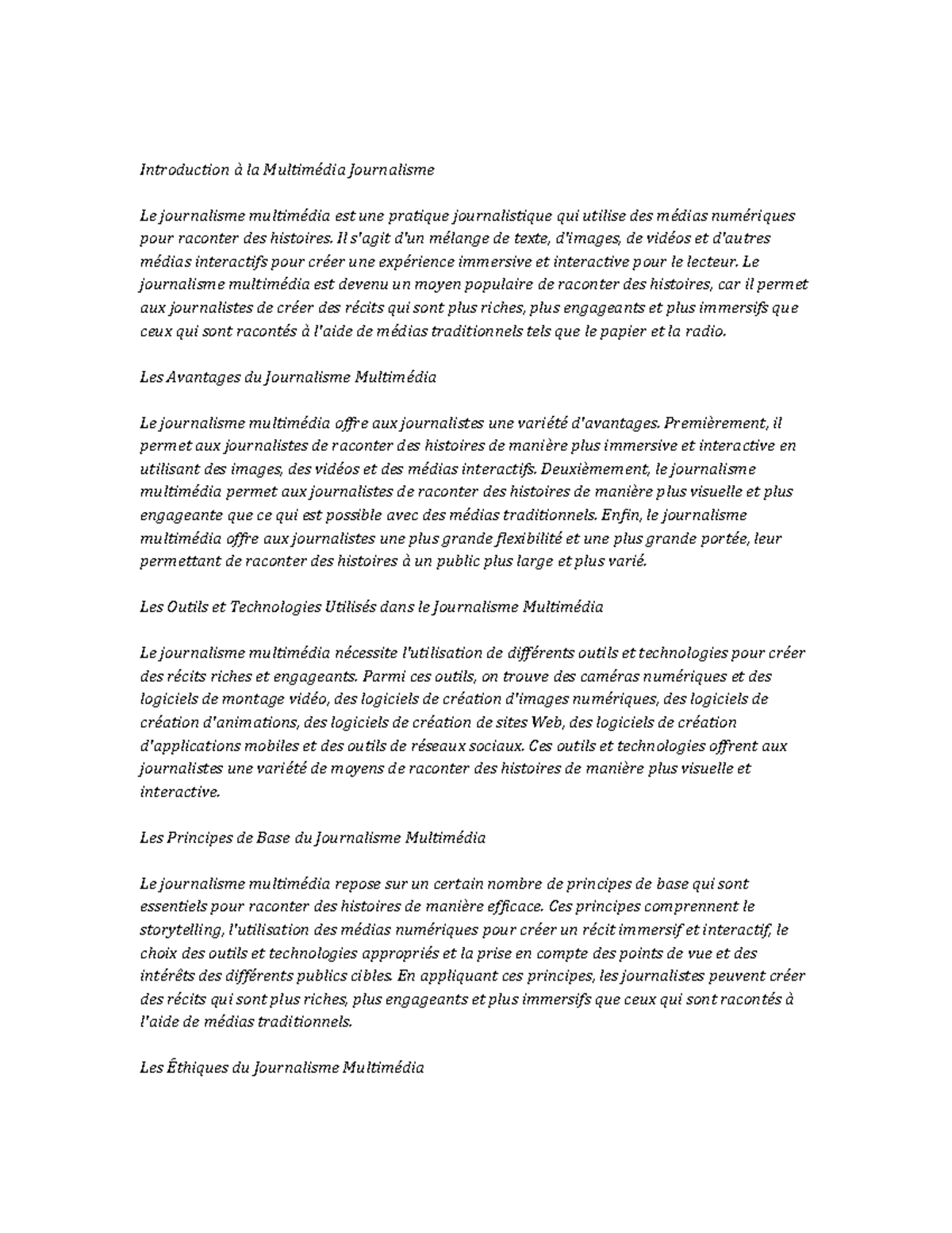 Multimedia Journalism Study Notes Introduction à la Multimédia