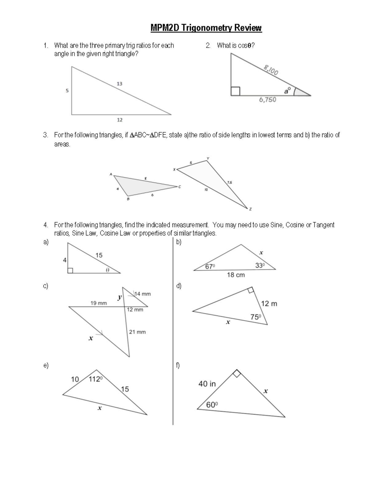 MPM2D Exam Review - Unit 1 Trigonometry - MPM2D Trigonometry Review ...