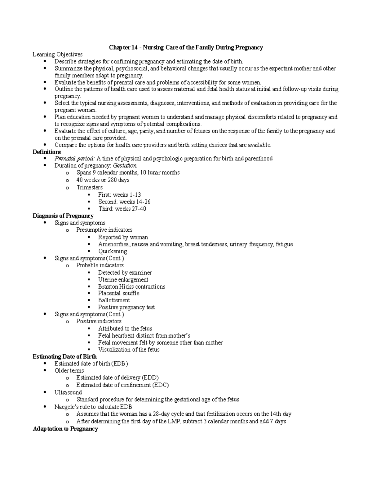 Chapter 14 - Nursing care of family during pregnancy - Chapter 14
