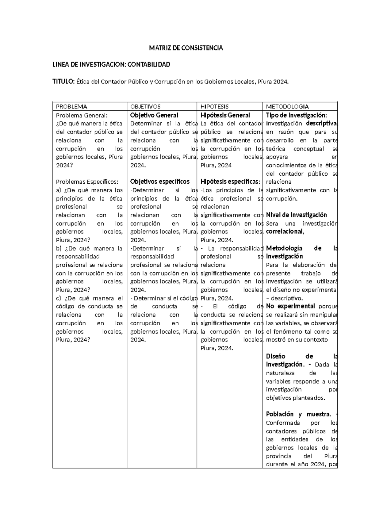 Matriz DE Consistencia - MATRIZ DE CONSISTENCIA LINEA DE INVESTIGACION ...