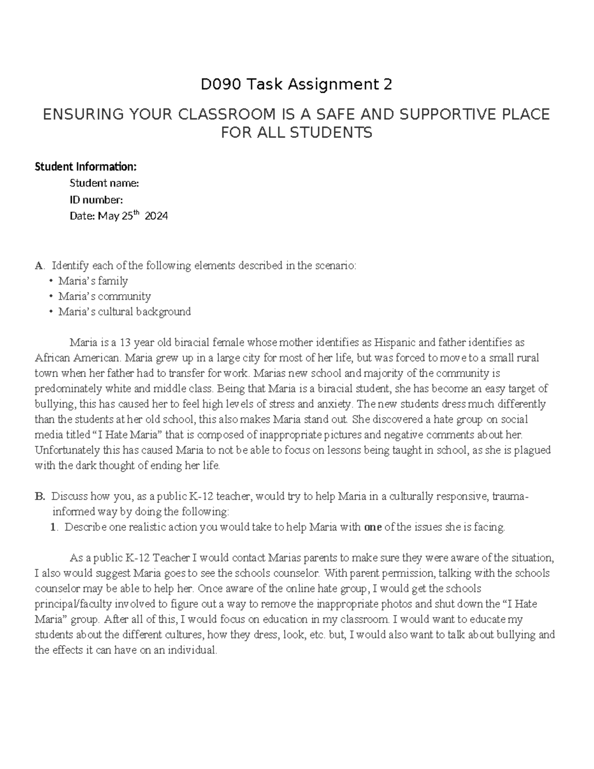 D090 Task 2 - Task 2 - D090 Task Assignment 2 ENSURING YOUR CLASSROOM ...