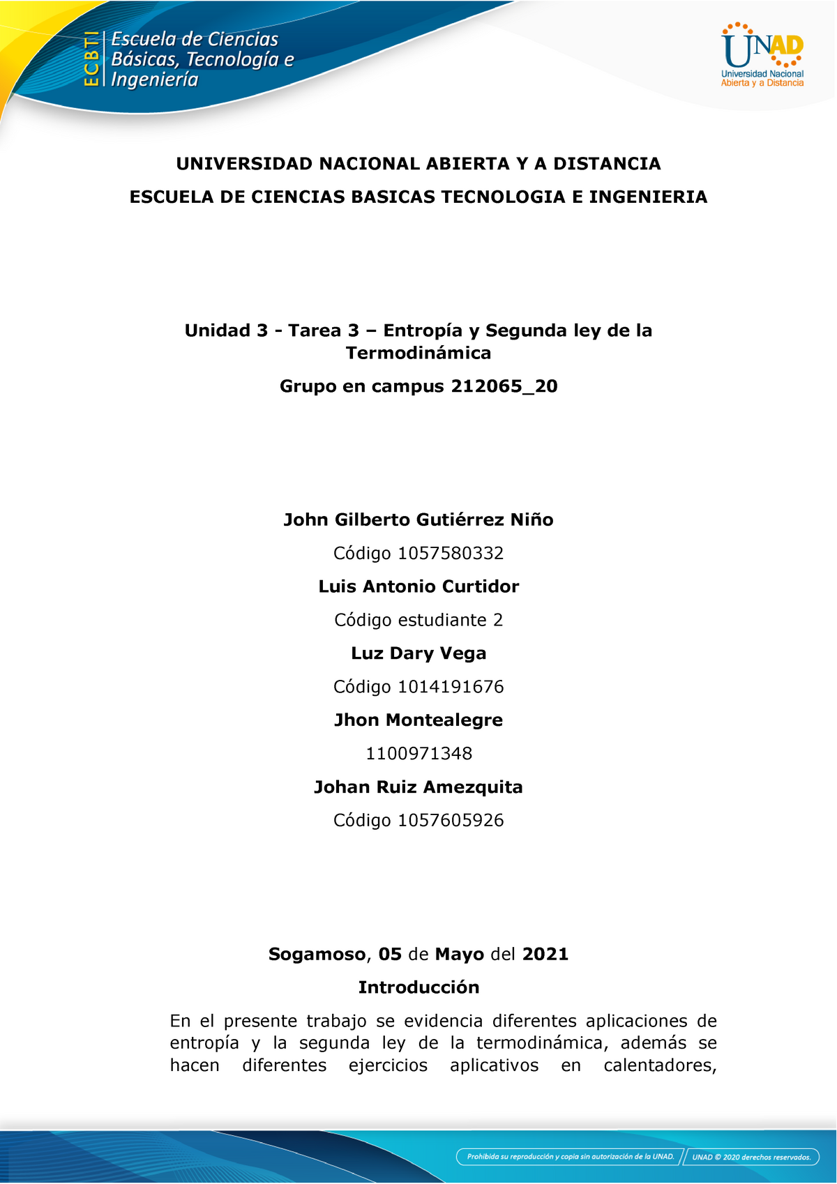 Tarea 4 Termodinamica 20 - UNIVERSIDAD NACIONAL ABIERTA Y A DISTANCIA  ESCUELA DE CIENCIAS BASICAS - Studocu