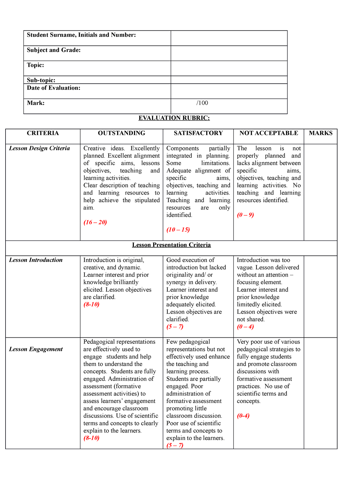 Lesson Plan And Presentation Rubric - Evaluation Rubric: Criteria 