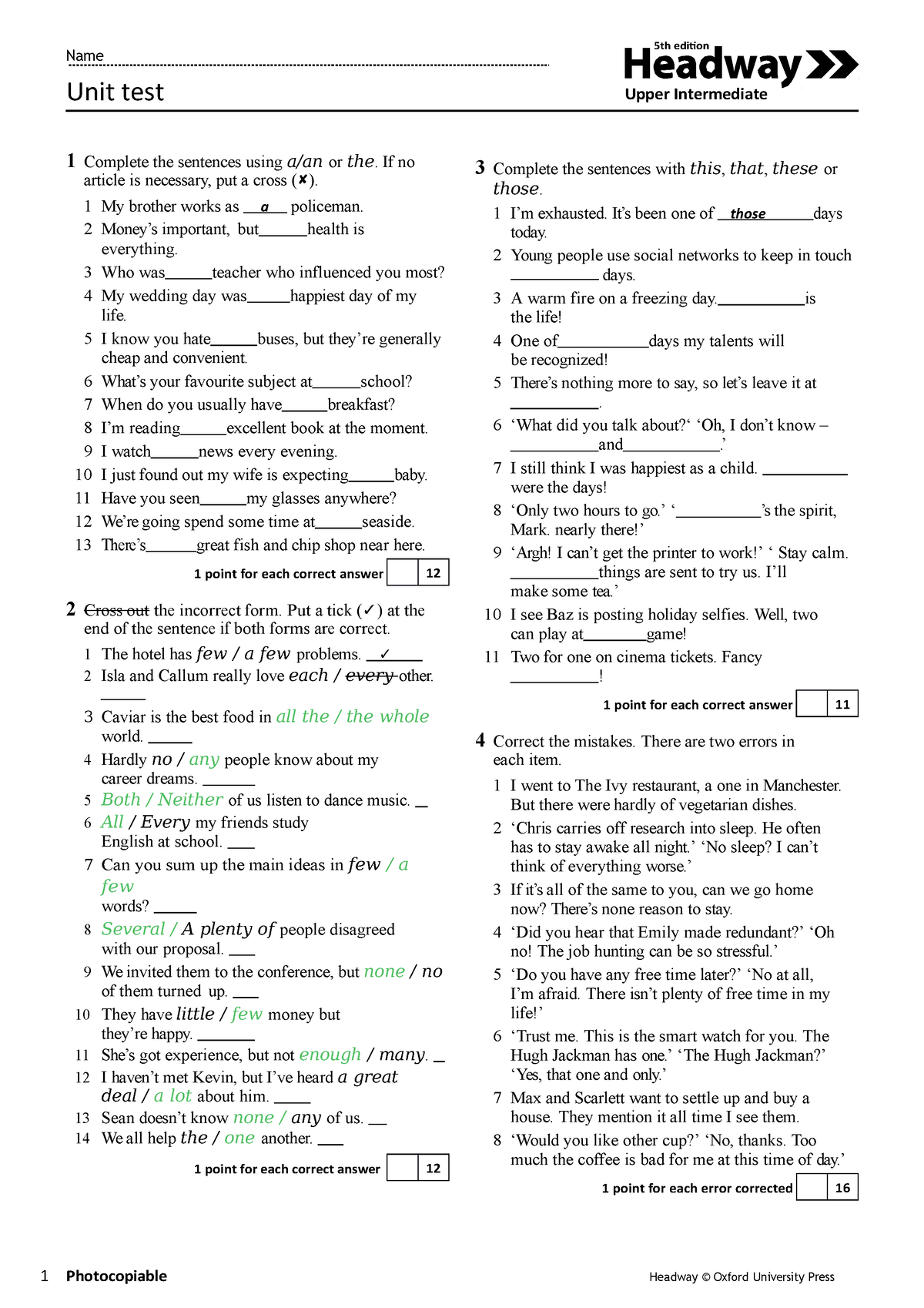 B2 2 UNIT TEST 12 - yugo ghnj - 1 Complete the sentences using a/an or ...