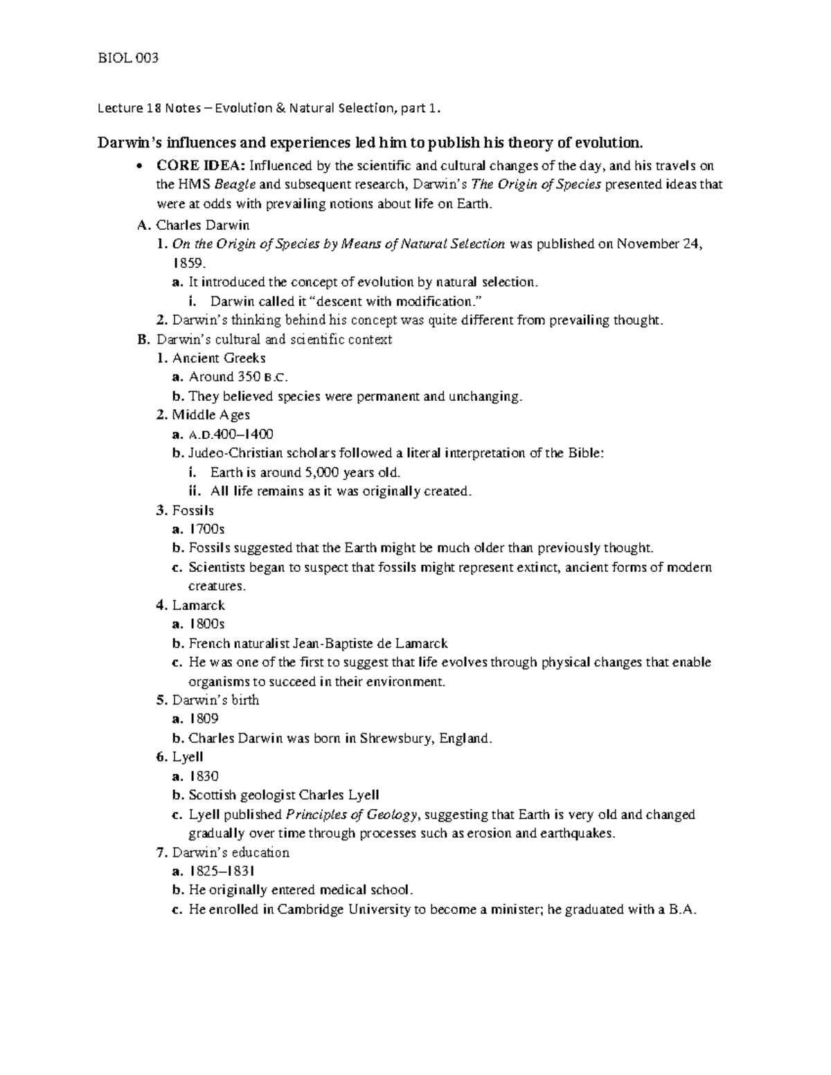 Lecture 18 Notes - Evolution and Natural Selection, part 1 - Lecture 18 ...