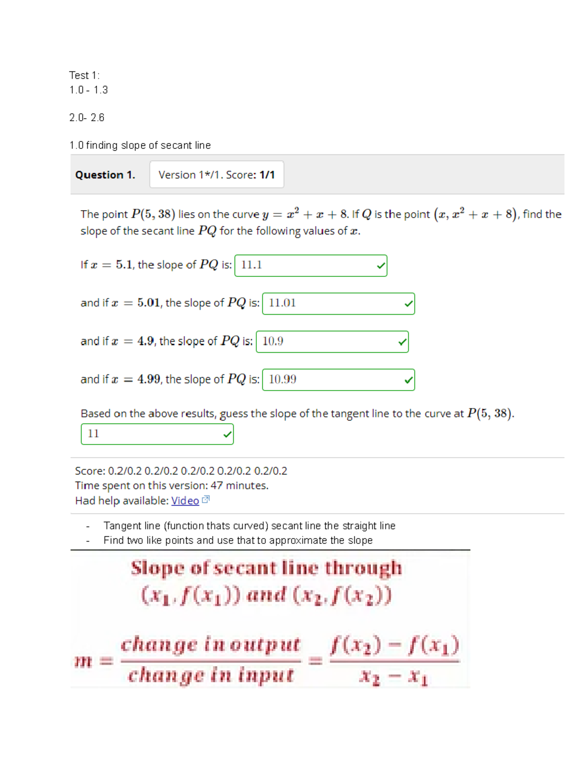 Calc 1 HW AND TESTS - Test 1: 1 - 1. 2- 2. 1 finding slope of secant ...