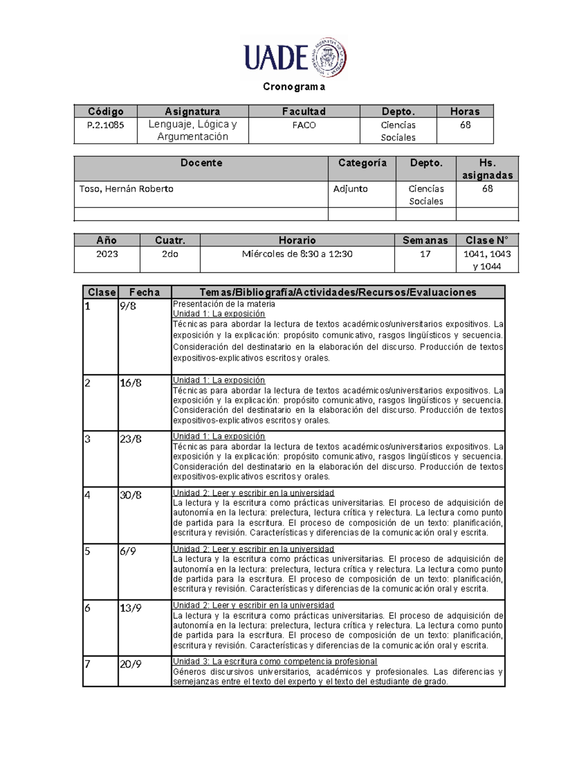 Cronograma LLy A 2C 2023 - Cronograma Código Asignatura Facultad Depto ...