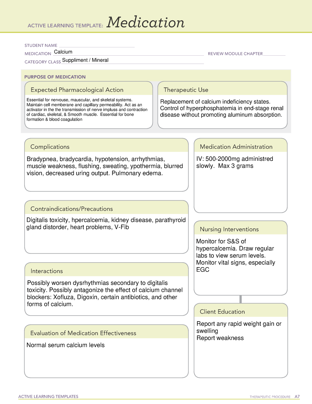 ATI Calcium Med Sheet ACTIVE LEARNING TEMPLATES THERAPEUTIC PROCEDURE