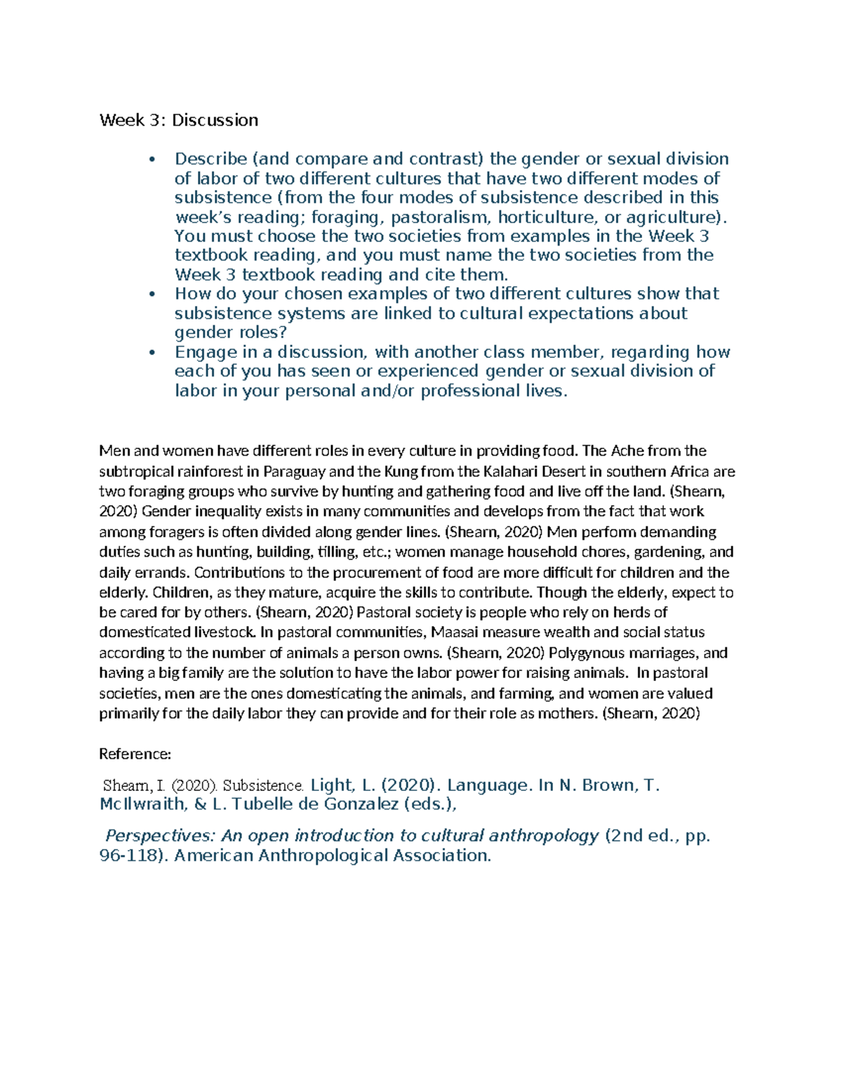 Anthropology Wk3 Discussion Week 3 Discussion Describe (and compare