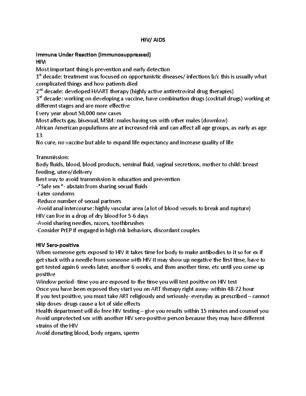HIV notes - HIV/ AIDS Immune Under Reaction (Immunosuppressed) HIV ...
