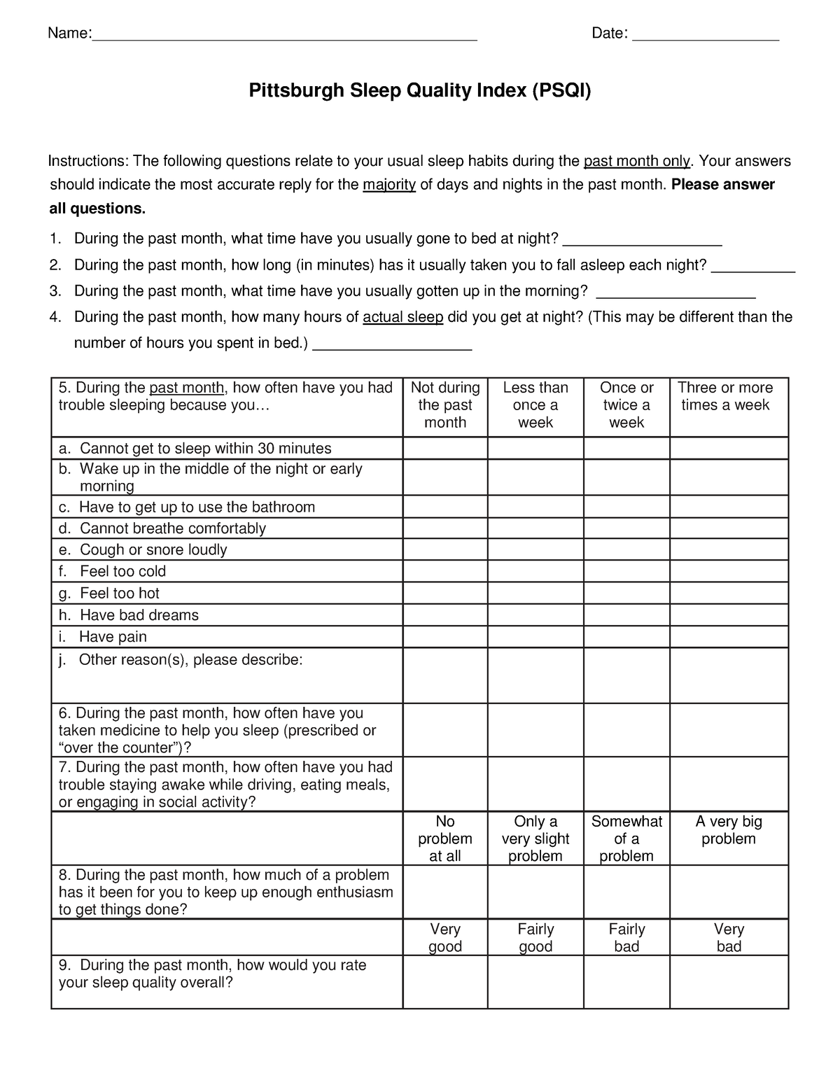 Assessment, Pittsburgh Psqi - Pittsburgh Sleep Quality Index (PSQI ...