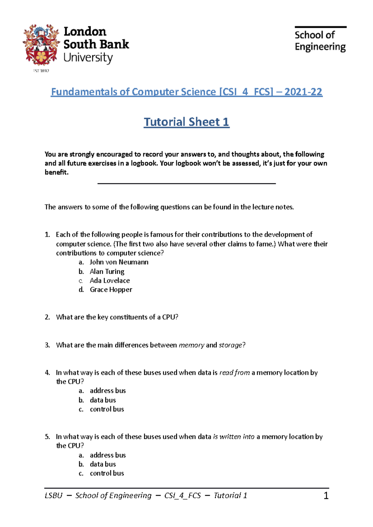 Tutorial 01 2223 - Fundamentals of Computer Science [CSI_4_FCS] – 2021 ...