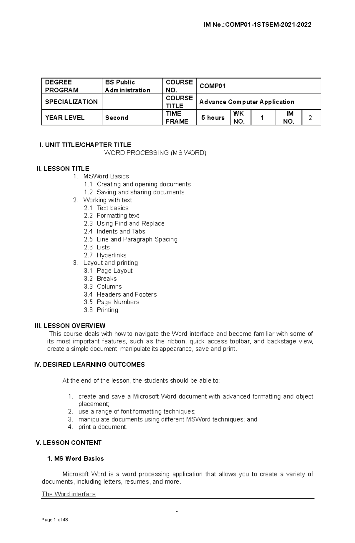 IM 2 - MSWord part 1 - im 2 - DEGREE PROGRAM BS Public Administration ...