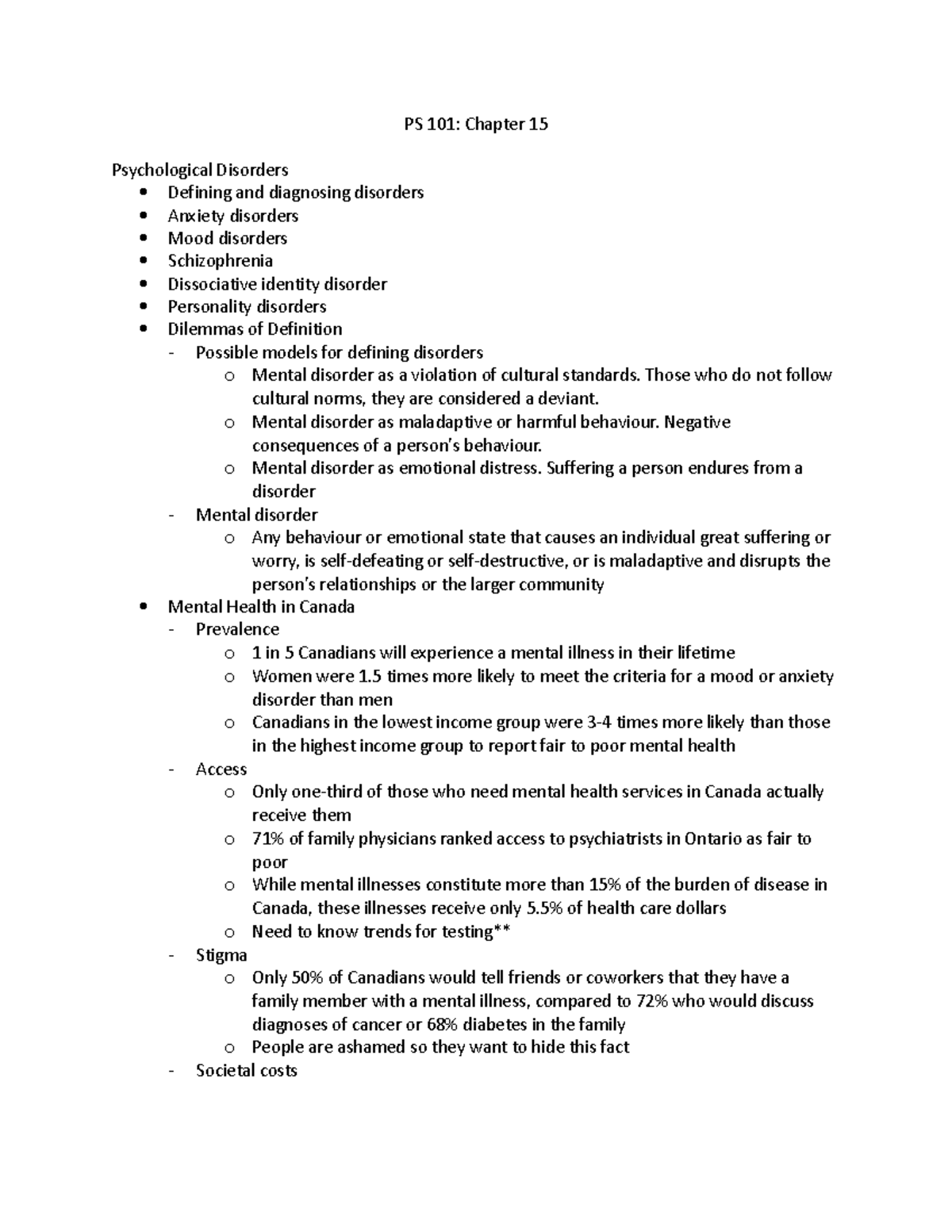 PS 101- Chapter 15 - PS 101: Chapter 15 Psychological Disorders ...