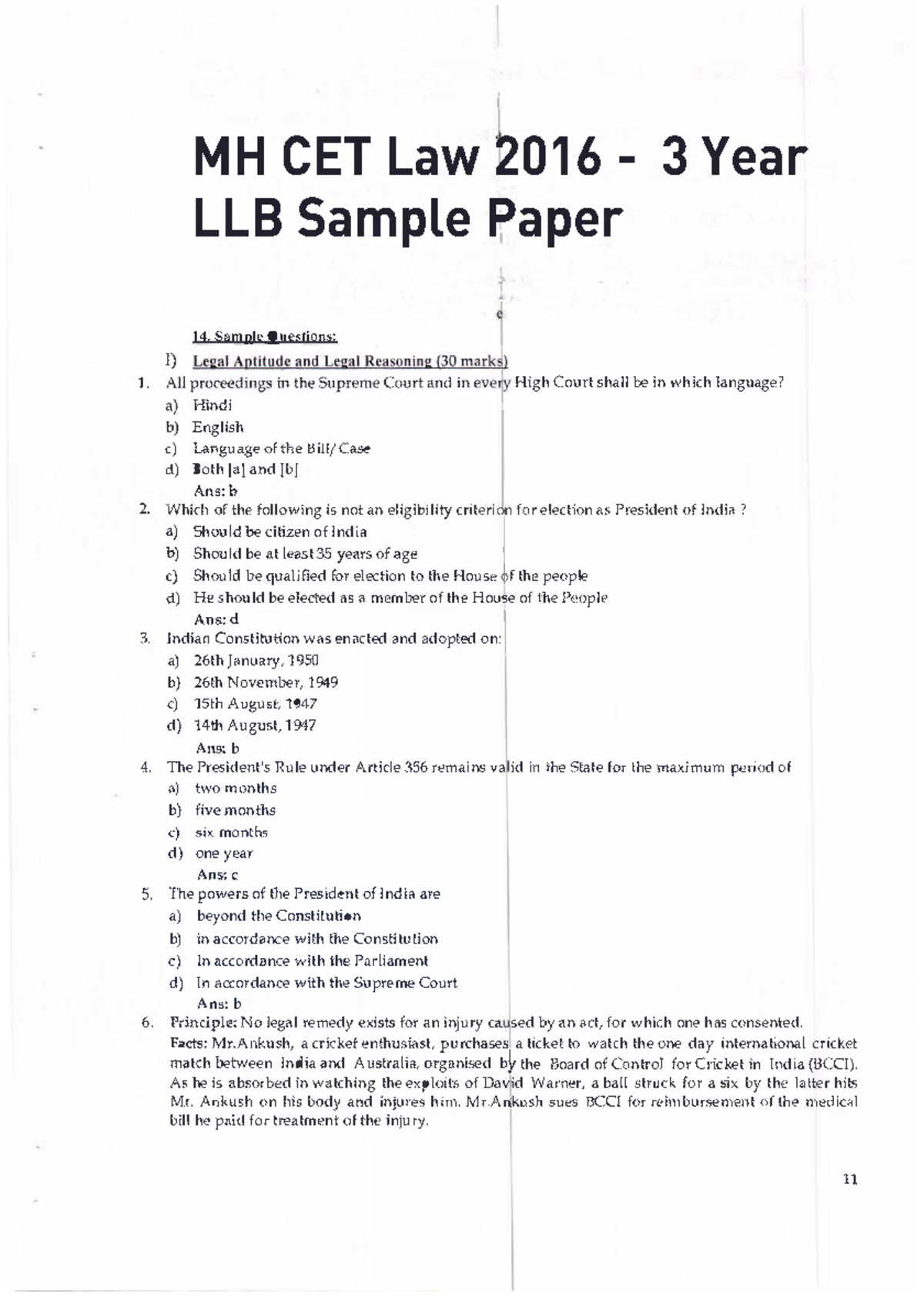 MHCETLawLLB3YearModelPaper 2 1. I) 1 14. Sample Questions
