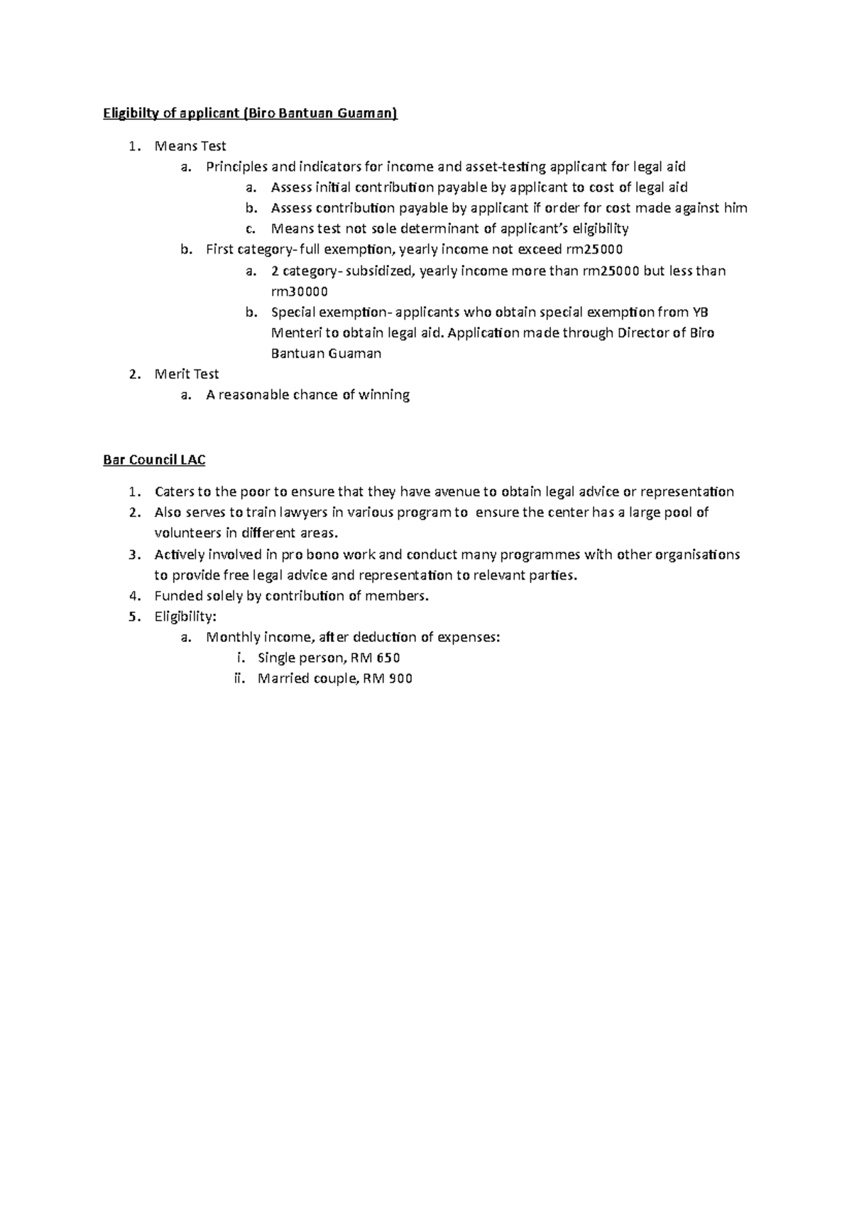 Legal Aid Eligibilty of applicant (Biro Bantuan Guaman) Means Test a