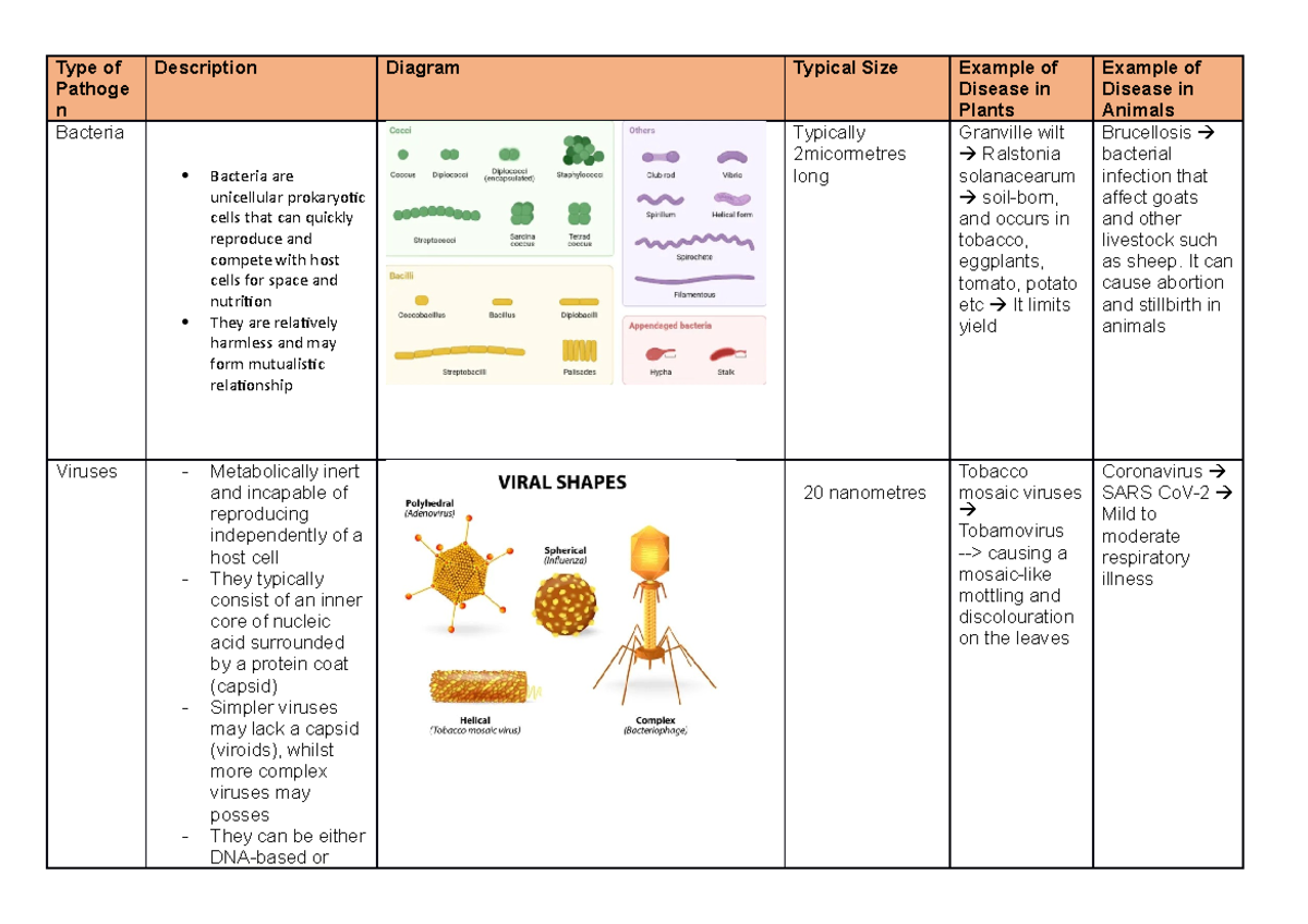 Summary Table - Types of Pathogens - Type of Pathoge n Description ...