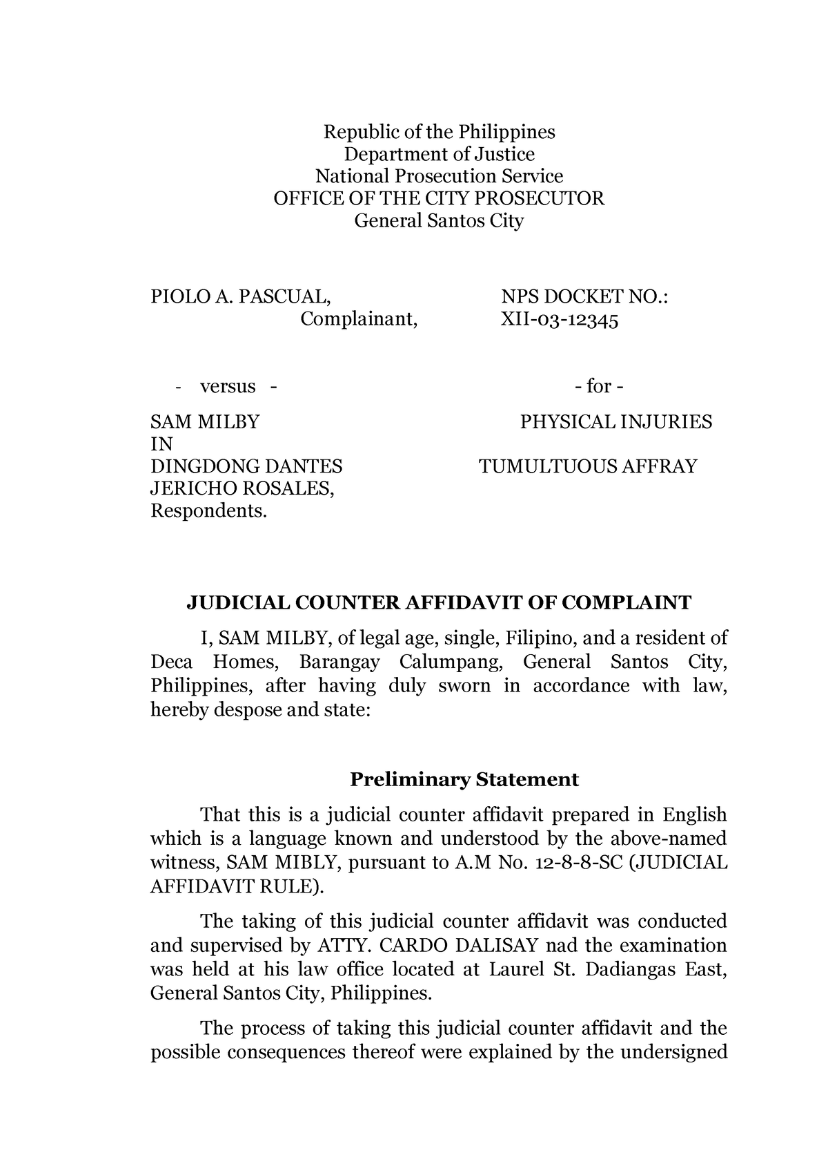 Counter Affidavit Afdafafadf Republic Of The Philippines Department Of Justice National 2414