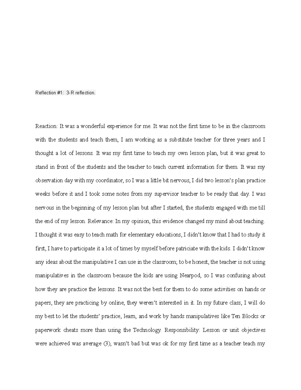 3-Reflection and ESOL R - Reflection #1: 3-R reflection. Reaction: It ...