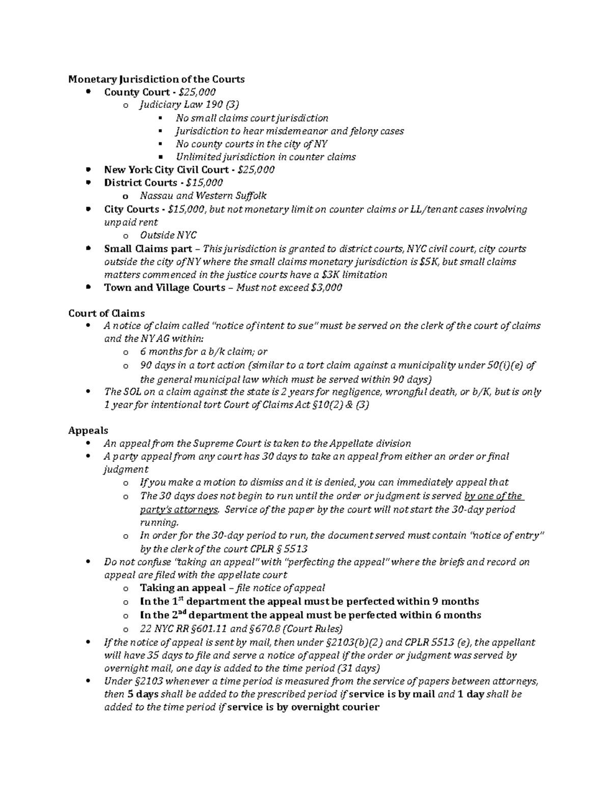 2020 NYP Exam review notes and outline - Monetary Jurisdiction of the ...