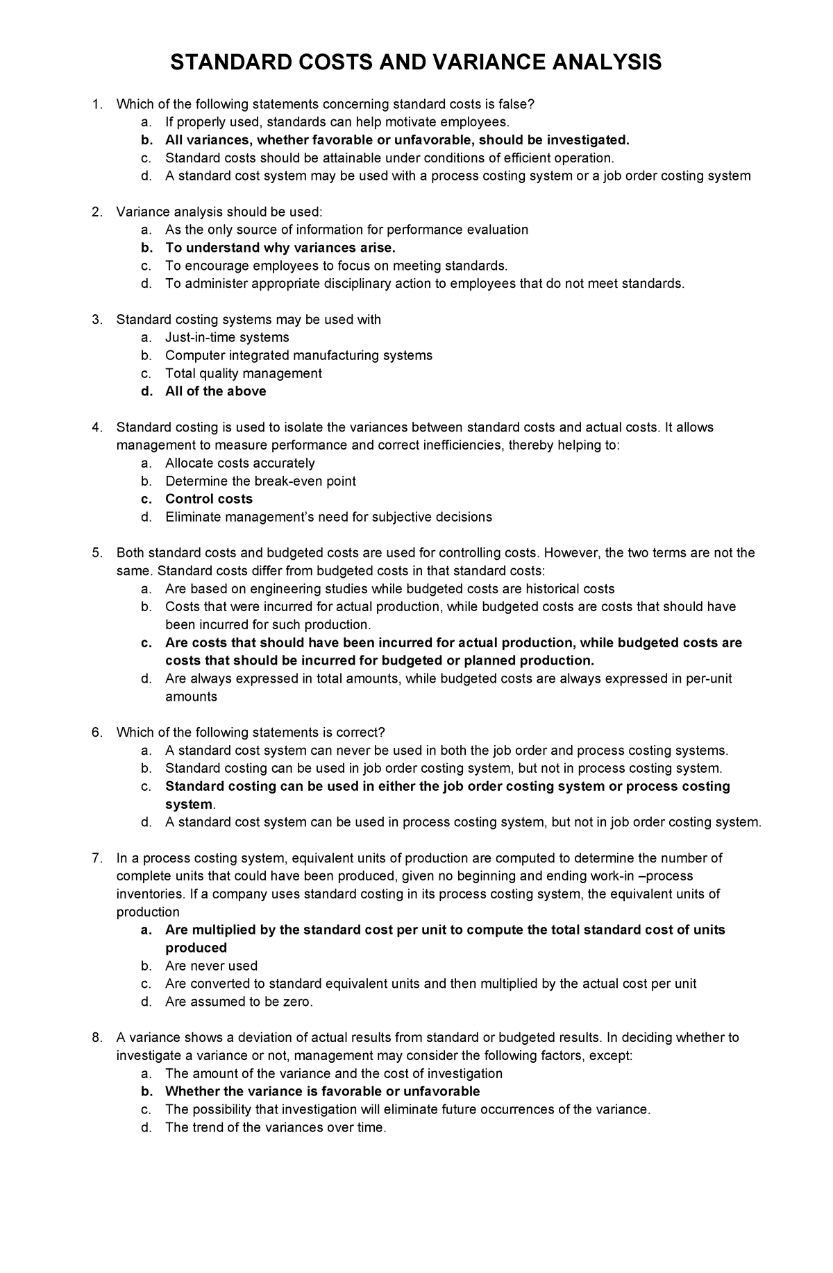 Standard cost variance analysis exercises with answers - STANDARD COSTS ...