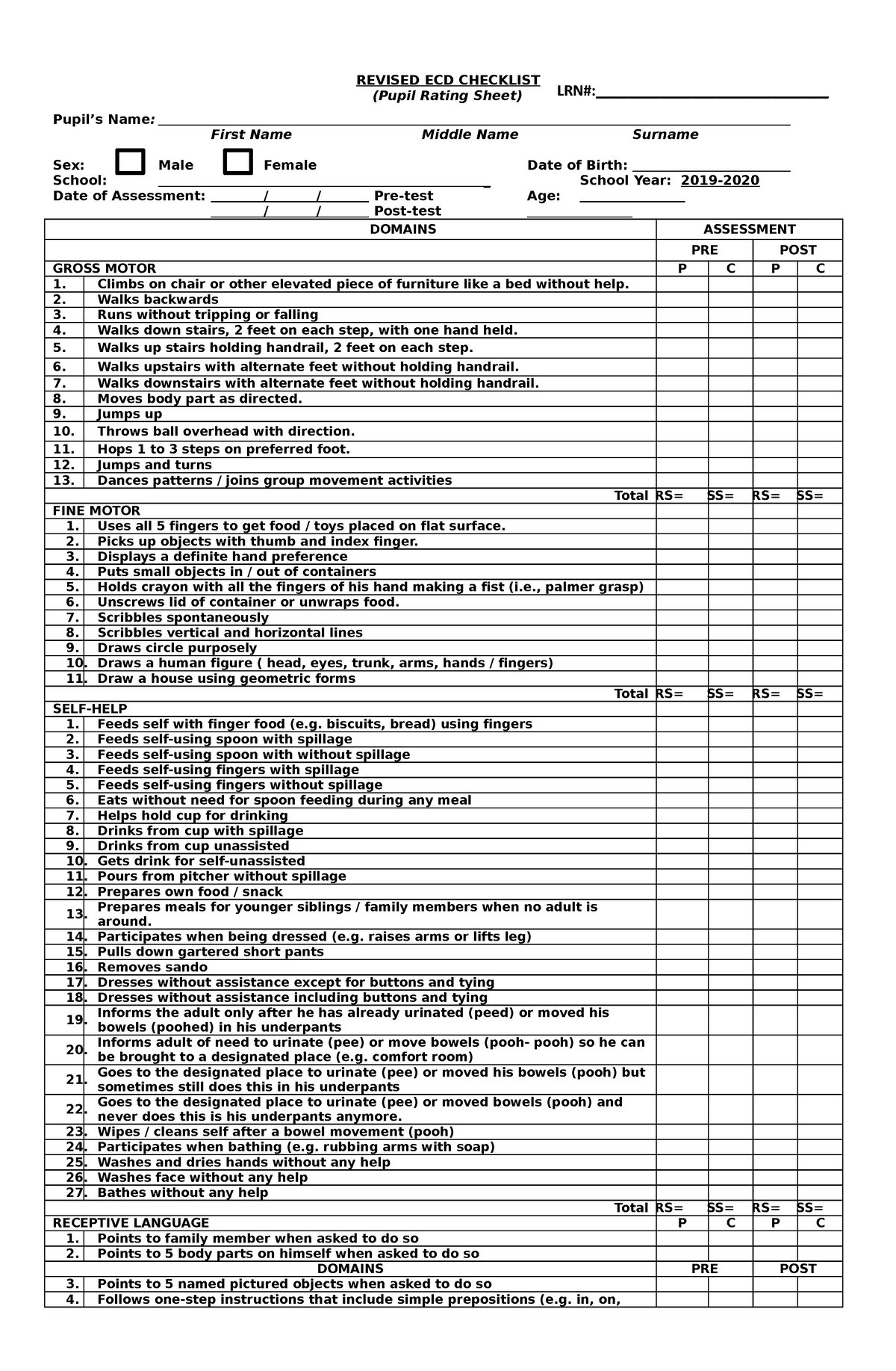 Revised ECD Checklist-Pupil Rating Sheet 2 - REVISED ECD CHECKLIST ...