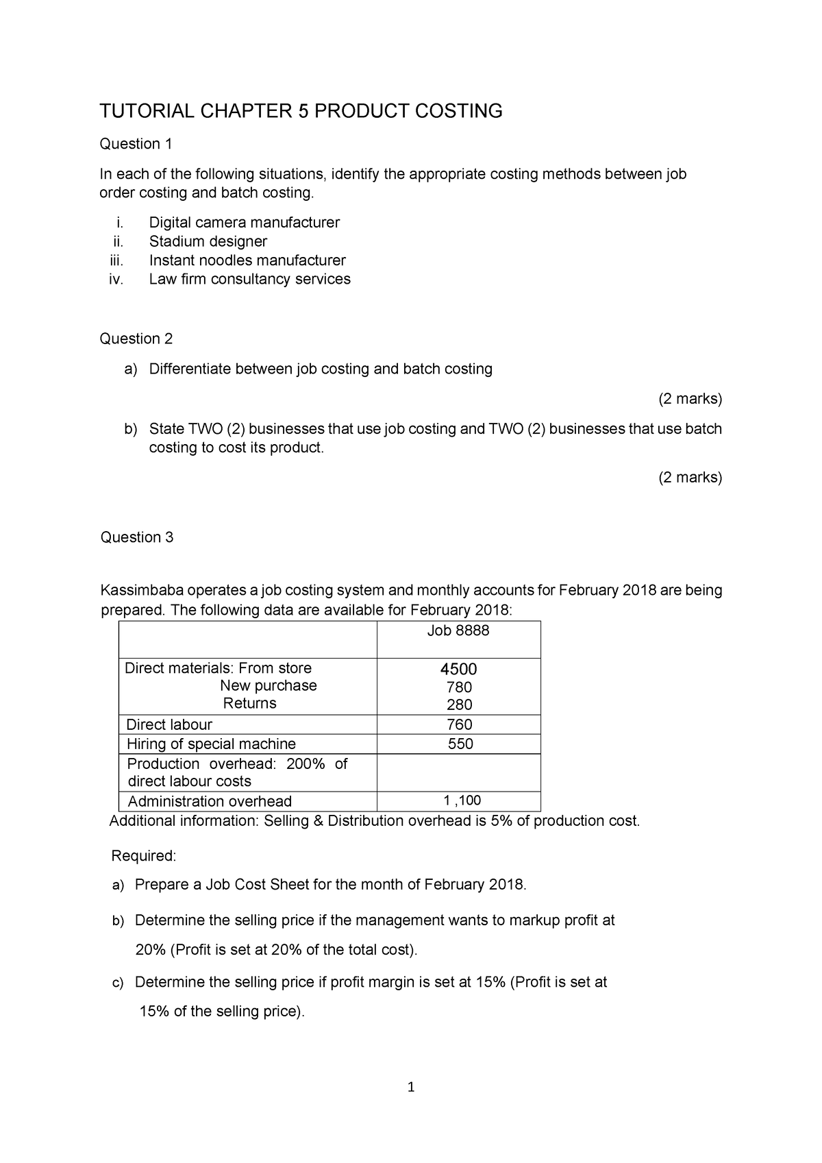 Tutorial Ch05 Product Costing - 1 TUTORIAL CHAPTER 5 PRODUCT COSTING ...