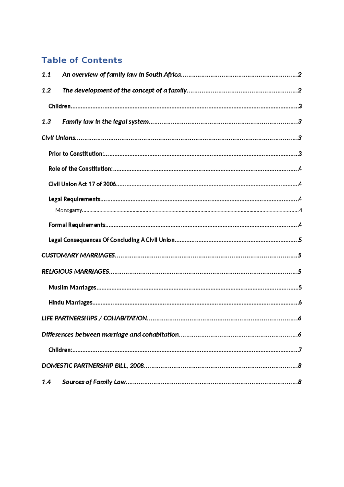 Study Unit One - Summary Family Law - Table of Contents 1 An overview ...