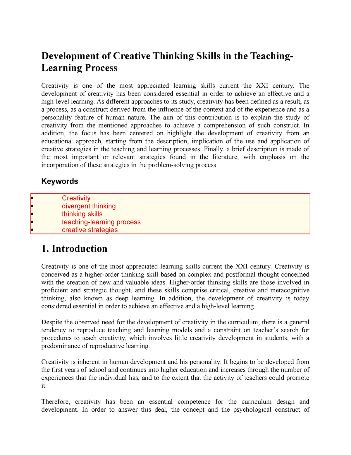 creative thinking in education pdf