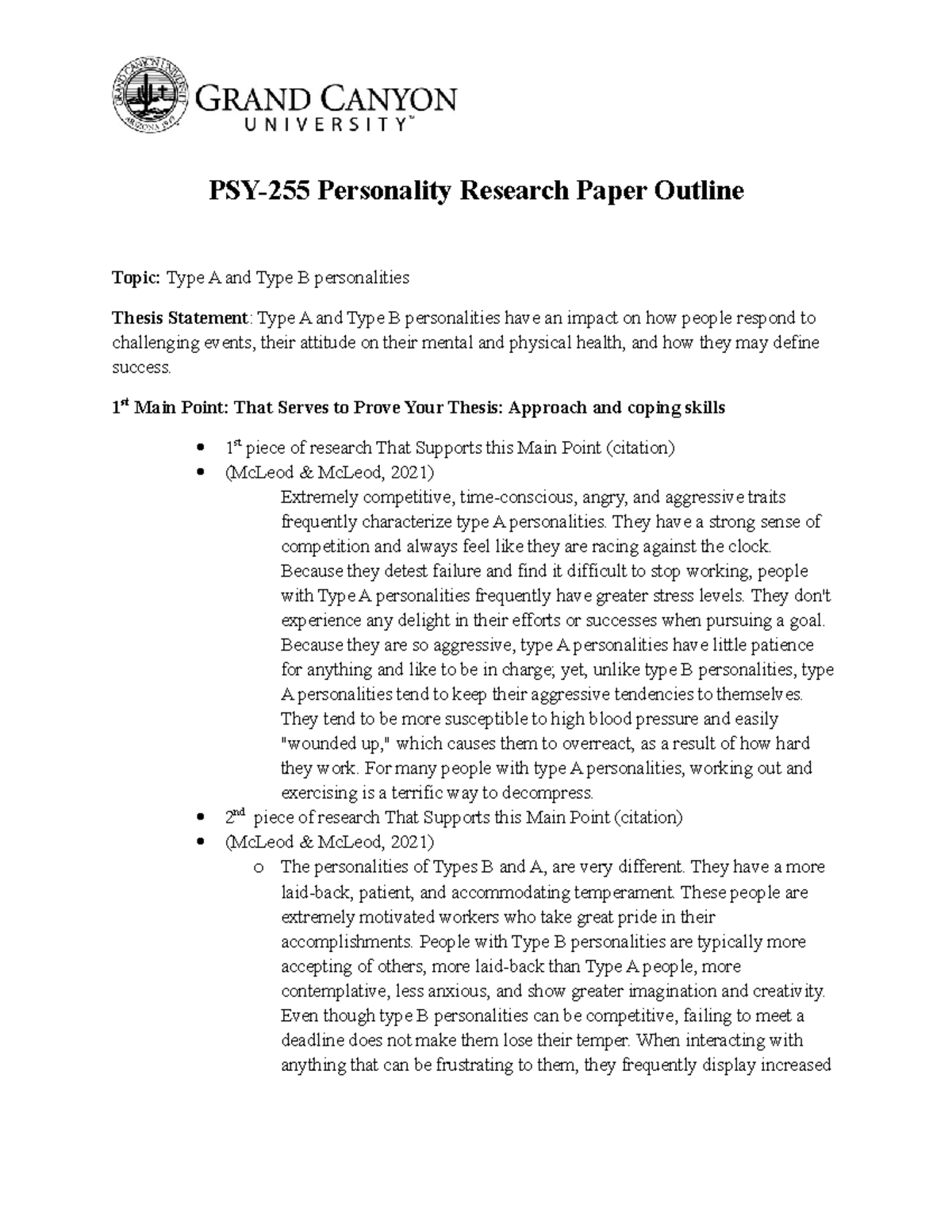 psy 255 personality research paper outline