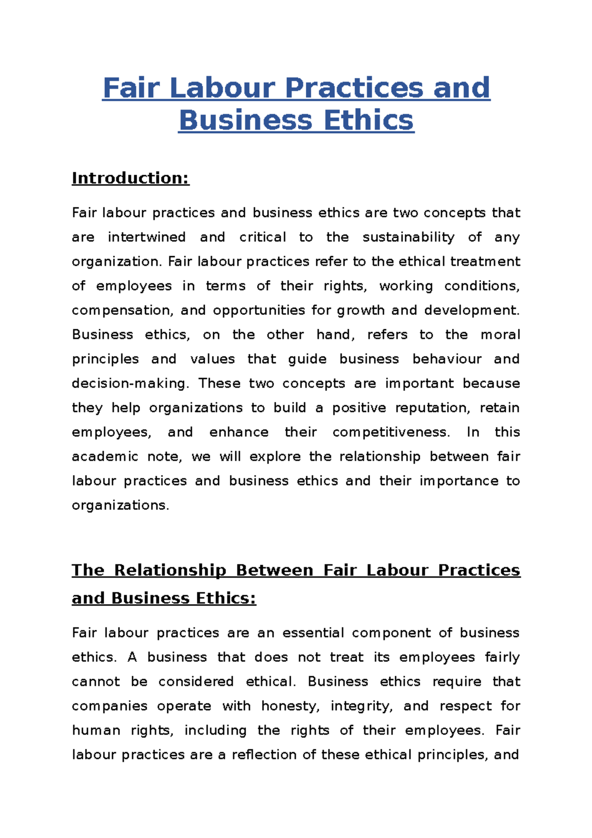Fair Labour Practices and Business Ethics - Fair Labour Practices and ...