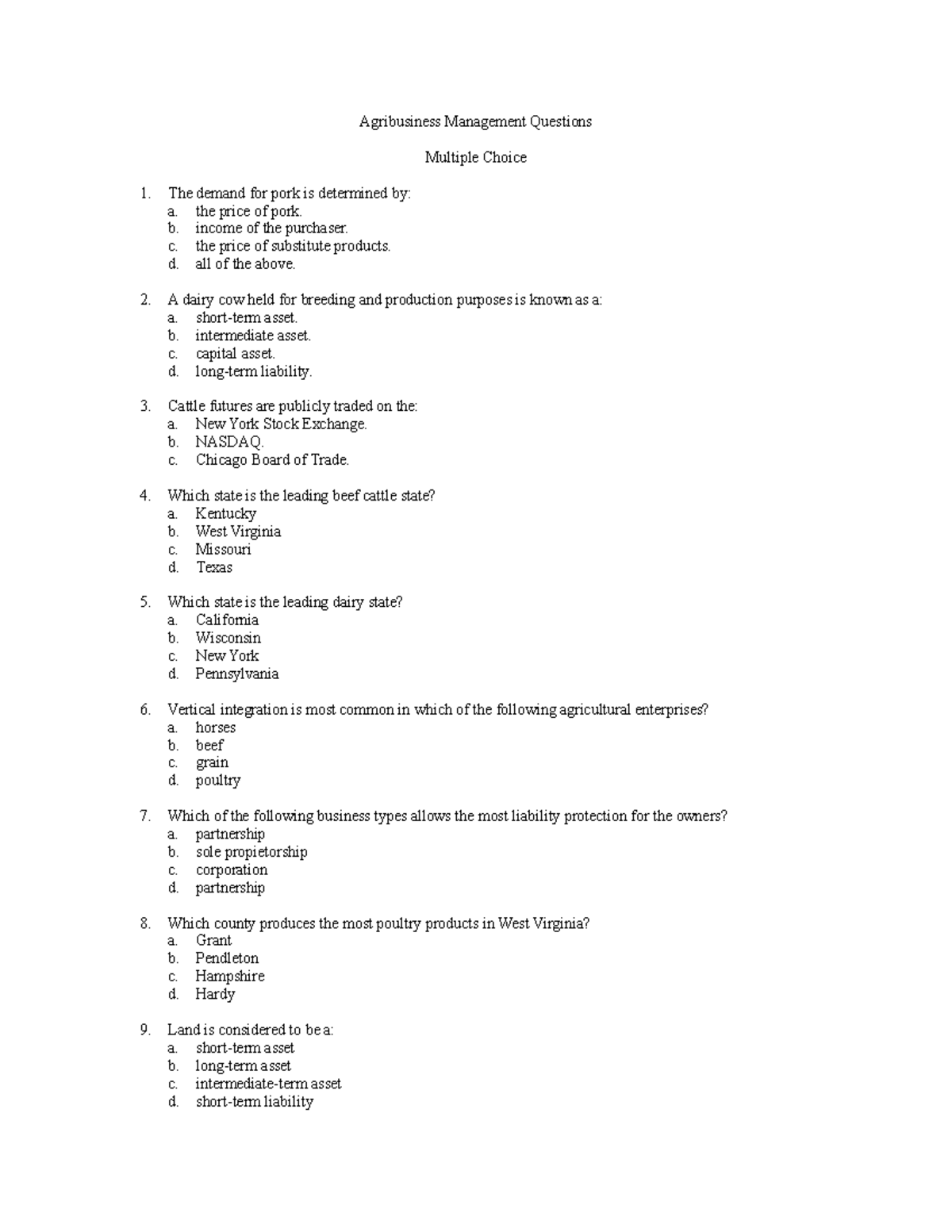 Test 10 1 May, questions and answers - Agribusiness Management ...