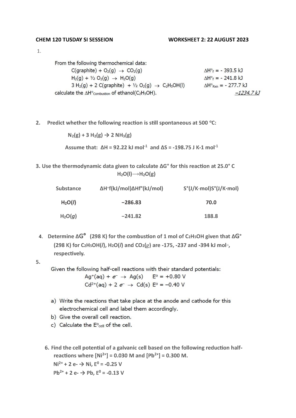 CHEM 120 Tuesday Worksheet 2 - CHEM 120 TUSDAY SI SESSEION WORKSHEET 2: ...