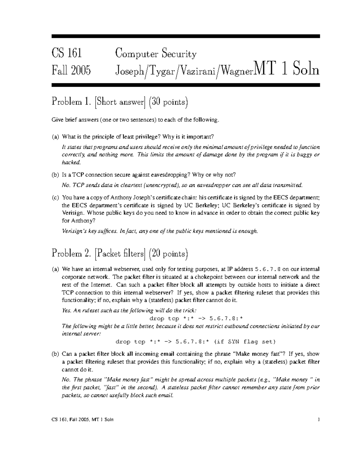 Mt1sol-f05 - Possible questions for revision - CS 161 Computer Security ...