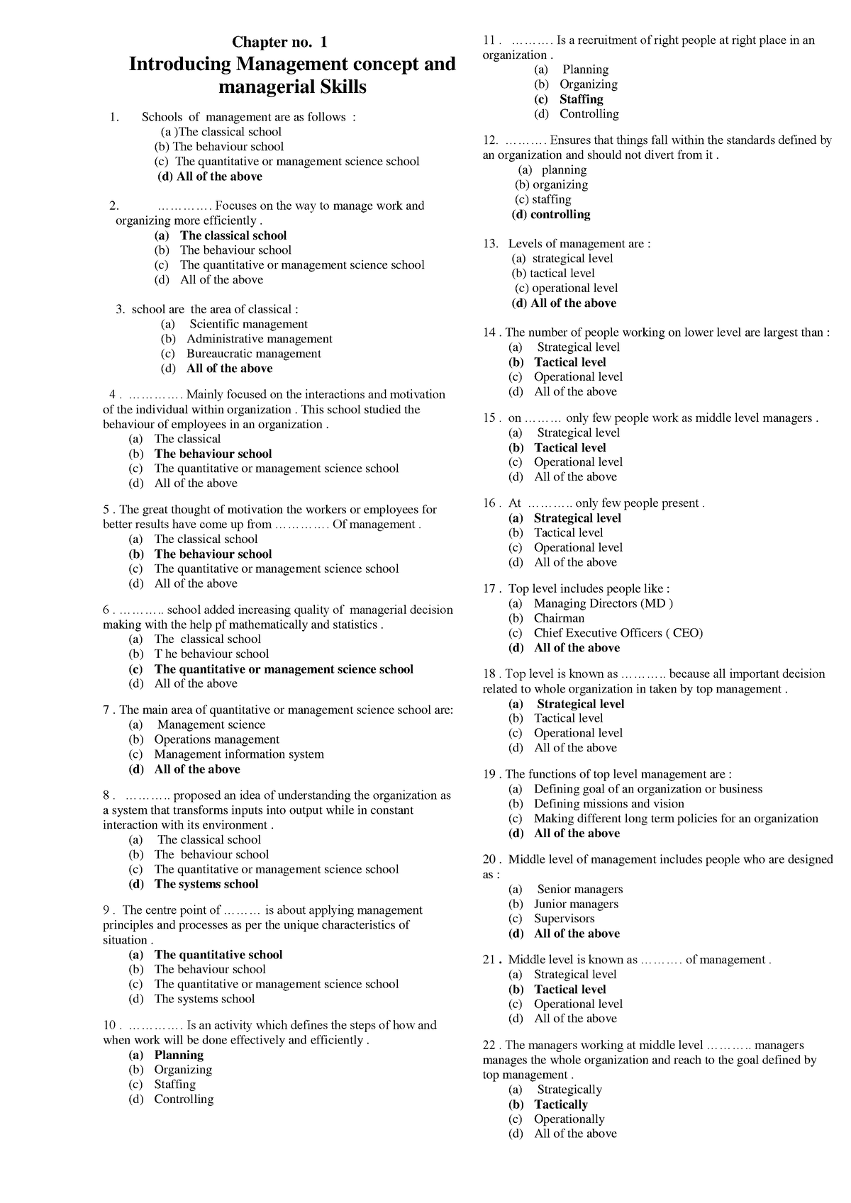 Mcq Management College - Chapter No. 1 Introducing Management Concept ...