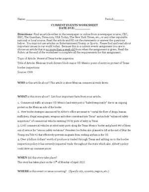 Current events worksheet - Name: Period:______ CURRENT EVENTS WORKSHEET  DATE - Studocu